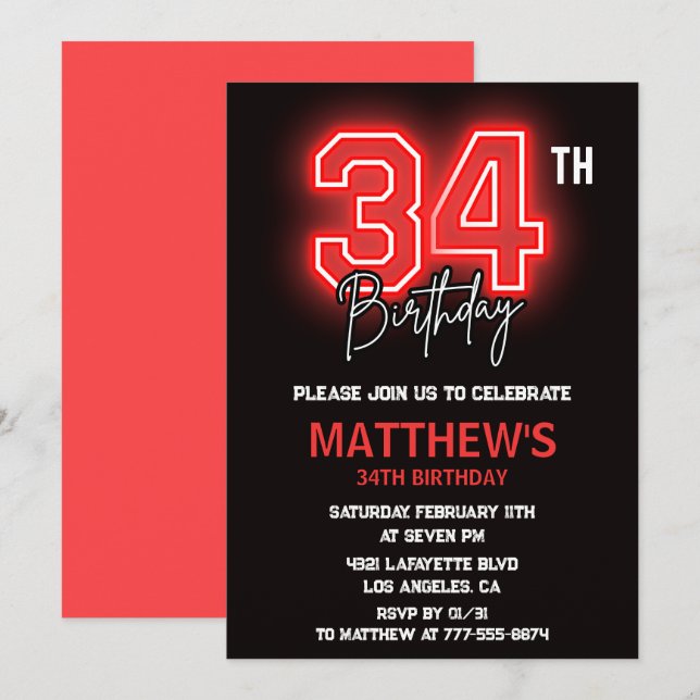 Neon Black Red Men Sport 34th birthday Invitation (Front/Back)