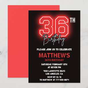 Neon Black Red Men Sport 36th birthday Invitation