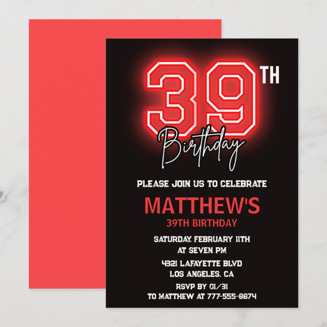 Neon Black Red Men Sport 39th birthday Invitation (Front/Back)