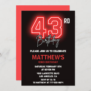Neon Black Red Men Sport 43rd birthday Invitation