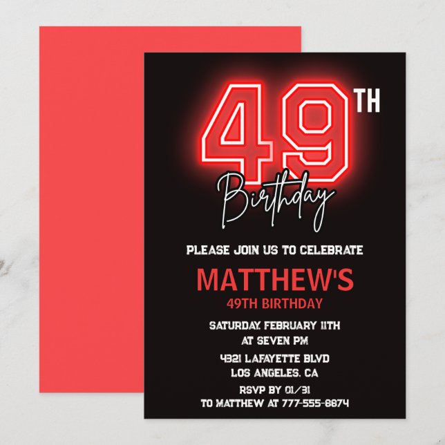 Neon Black Red Men Sport 49th birthday Invitation (Front/Back)