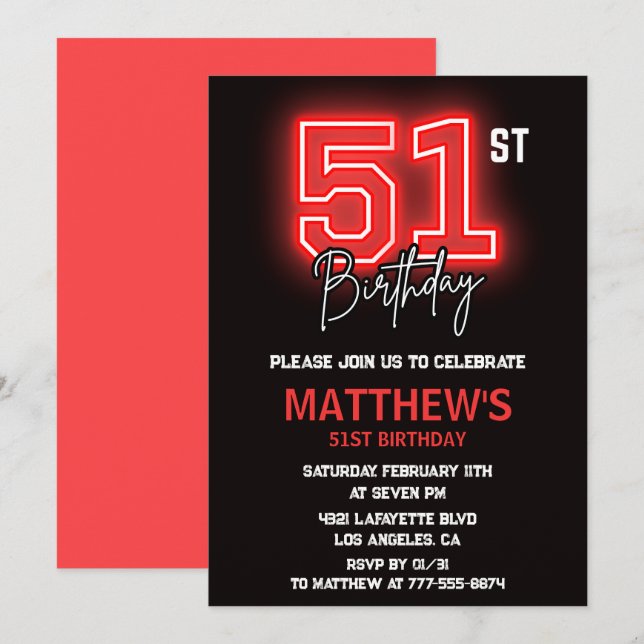 Neon Black Red Men Sport 51st birthday Invitation (Front/Back)