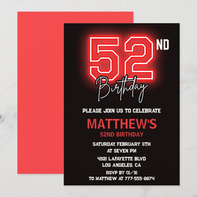 Neon Black Red Men Sport 52nd birthday Invitation (Front/Back)
