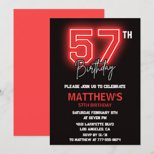 Neon Black Red Men Sport 57th birthday Invitation