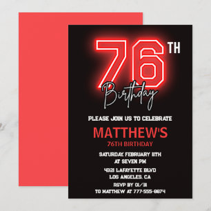 Neon Black Red Men Sport 76th birthday Invitation