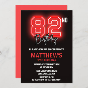 Neon Black Red Men Sport 82nd birthday Invitation