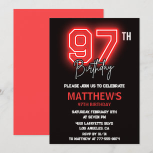 Neon Black Red Men Sport 97th birthday Invitation