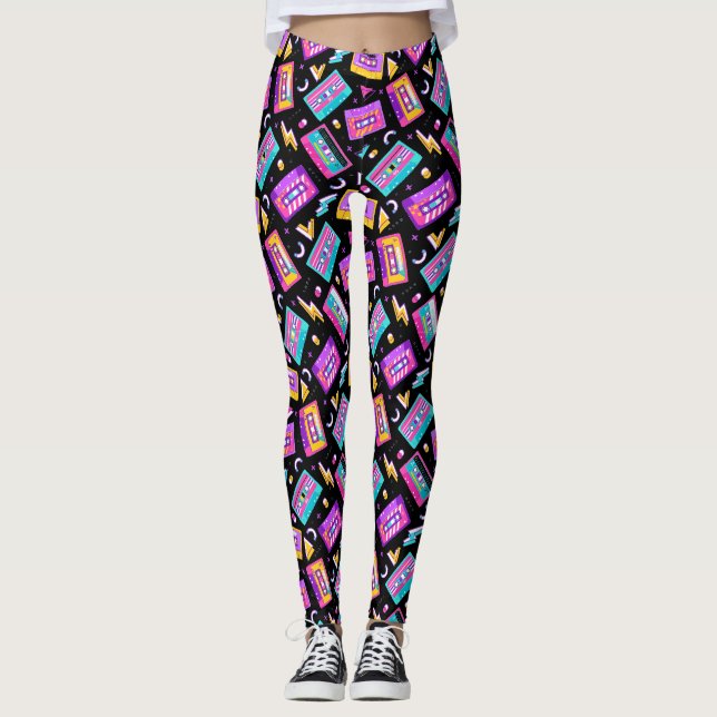 Neon & Black Trendy 80's Cassette Music Leggings (Front)
