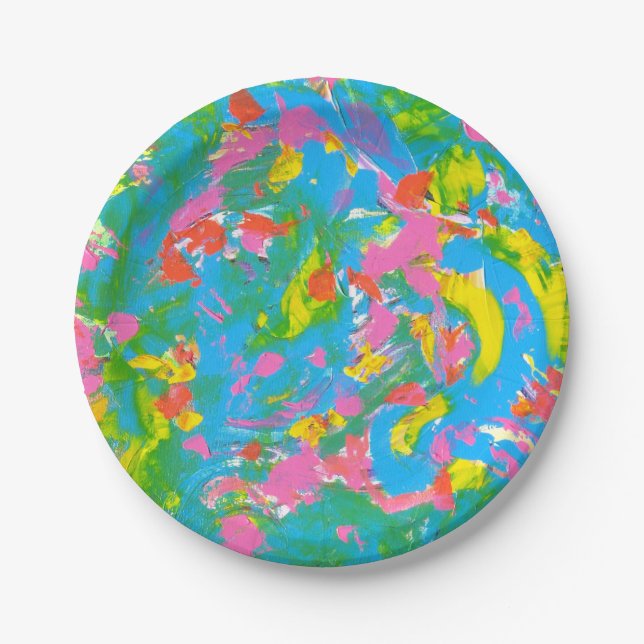 Neon Bloom-Hand Painted Brushstrokes Paper Plate (Front)