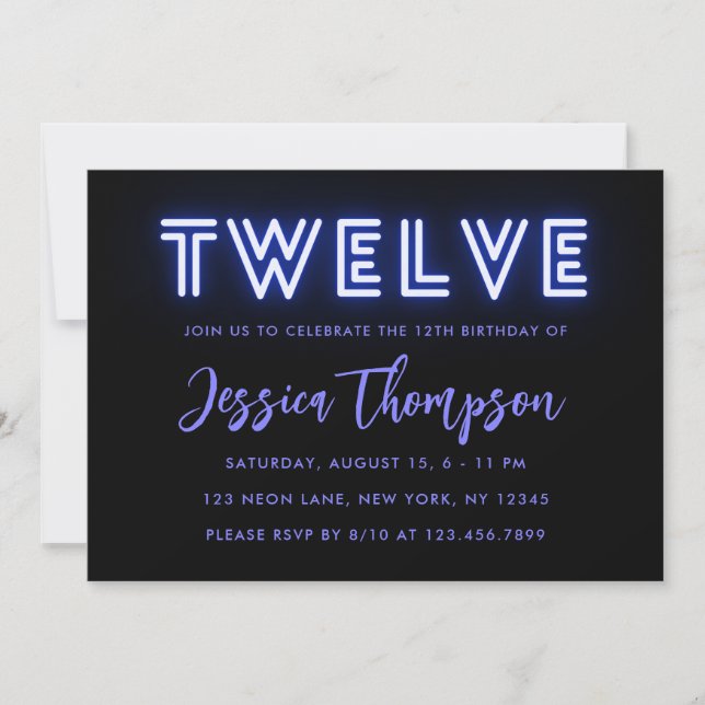 Neon Blue 12th Birthday Invitation (Front)