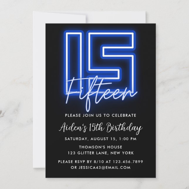 Neon Blue 15th Birthday Invitation (Front)