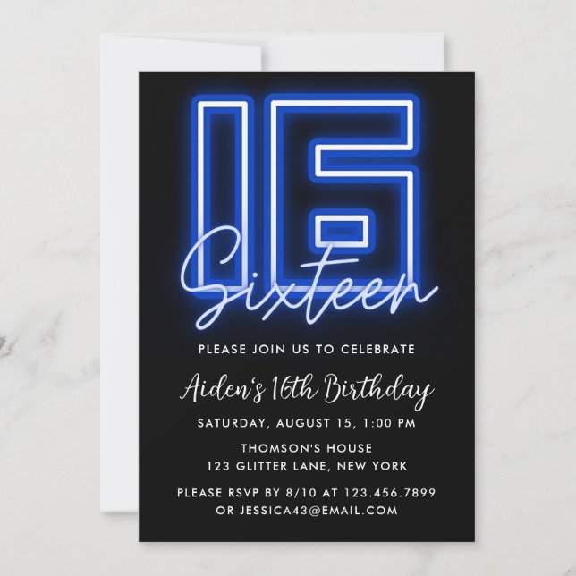 Neon Blue 16th Birthday Invitation (Front)