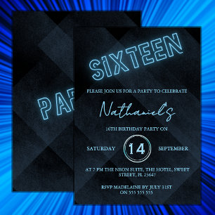 Neon Blue 16th Birthday Party Invitation