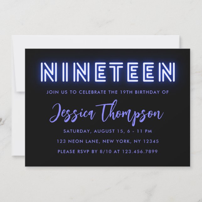 Neon Blue 19th Birthday Invitation (Front)