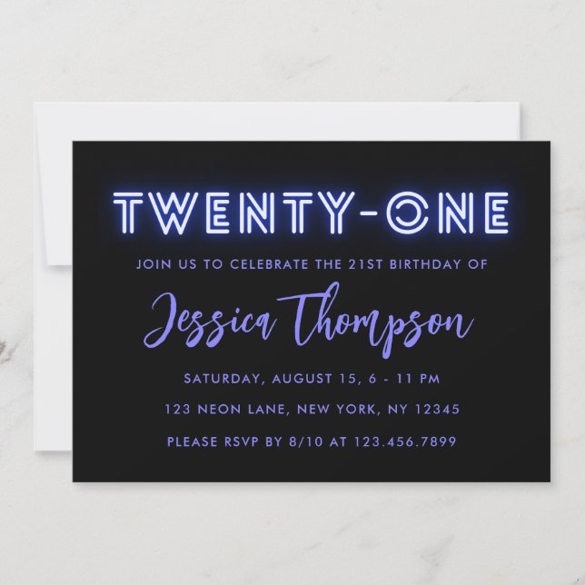 Neon Blue 21st Birthday Invitation (Front)