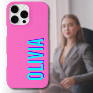 Neon Blue 3D Modern Name Trendy Cool Pink iPhone 16 Pro Max Case