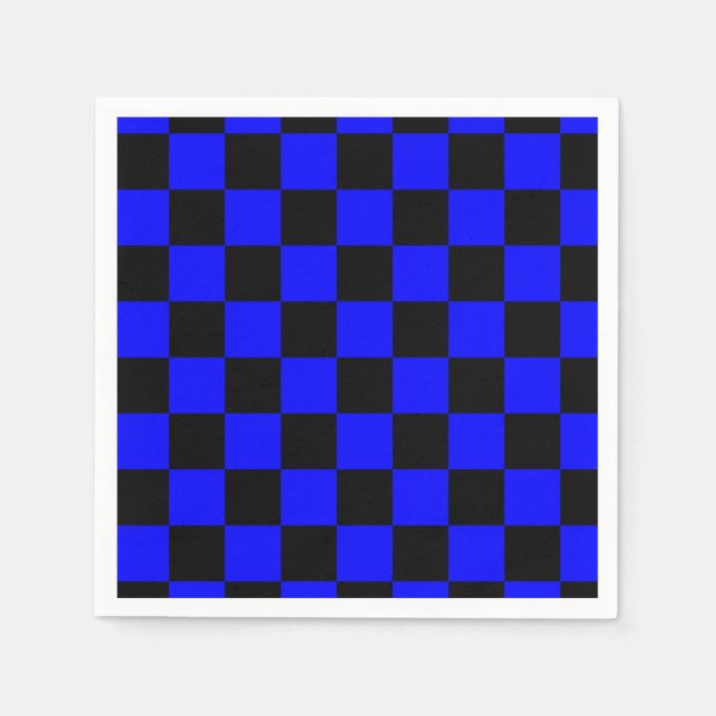 Neon Blue and Black Chequered Chequerboard Vintage Napkin (Front)