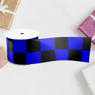 Neon Blue and Black Chequered Chequerboard Vintage Satin Ribbon