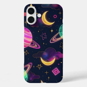 Neon blue and purple space galaxy planets iPhone 16 plus case
