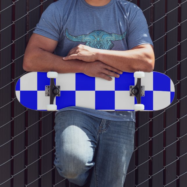 Neon Blue and White Chequered Chequerboard Vintage Skateboard (Outdoor 3)