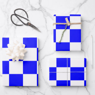 Neon Blue and White Chequered Chequerboard Vintage Wrapping Paper Sheet