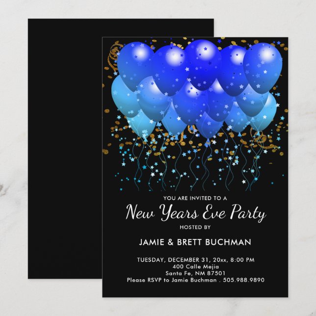 Neon Blue Balloons And Gold Confetti On Black Invitation (Front/Back)