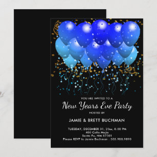 Neon Blue Balloons And Gold Confetti On Black Invitation