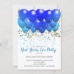 Neon Blue balloons And Gold Confetti On White Invitation