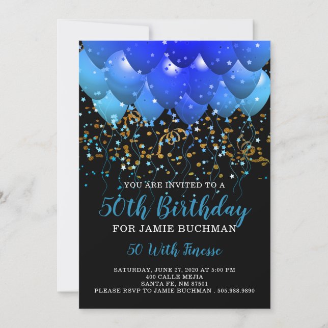 Neon Blue Balloons Confetti 50th Birthday Party Invitation (Front)