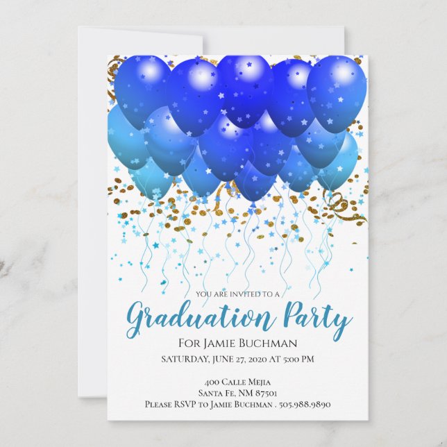 Neon Blue Balloons & Confetti Graduation Party Invitation (Front)