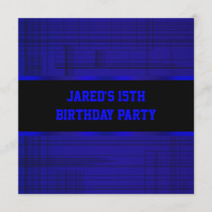 Neon Blue Black Stripe Boys 15th Birthday Party Invitation