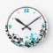Neon Blue Black White Floral Wall Clock