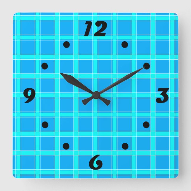 Neon blue bright checked pattern  square wall clock (Front)