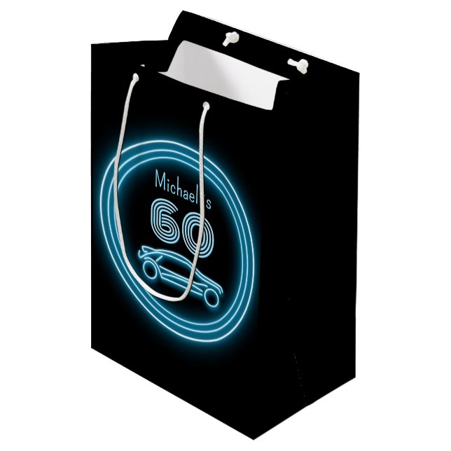 Neon Blue Car on Black - Milestone Age - Man's Medium Gift Bag (Front Angled)