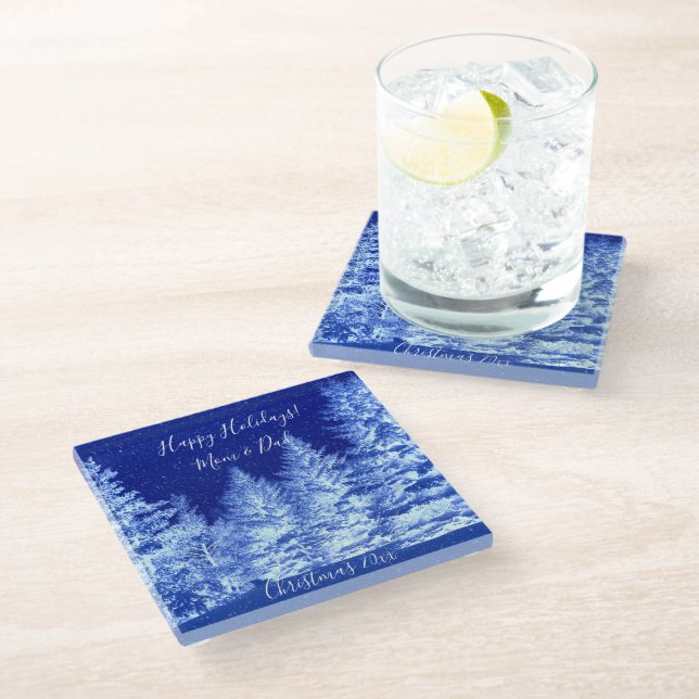 Neon Blue Christmas Tree Glass Coaster (Angled)