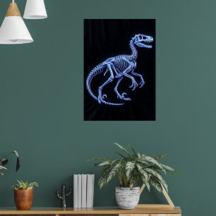Neon Blue Dinosaur Skeleton Art Poster Velocirap