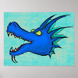 Neon blue dragon art head poster