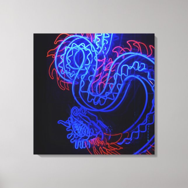 Neon Blue Dragon Black Background Bright Canvas Print (Front)