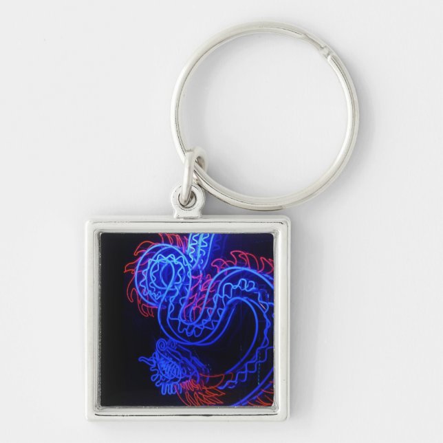 Neon Blue Dragon Black Background Bright Key Ring (Front)