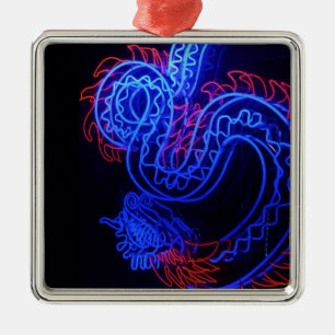 Neon Blue Dragon Black Background Bright Metal Tree Decoration