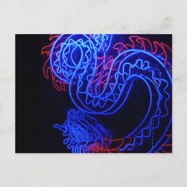 Neon Blue Dragon Black Background Bright Postcard (Front)