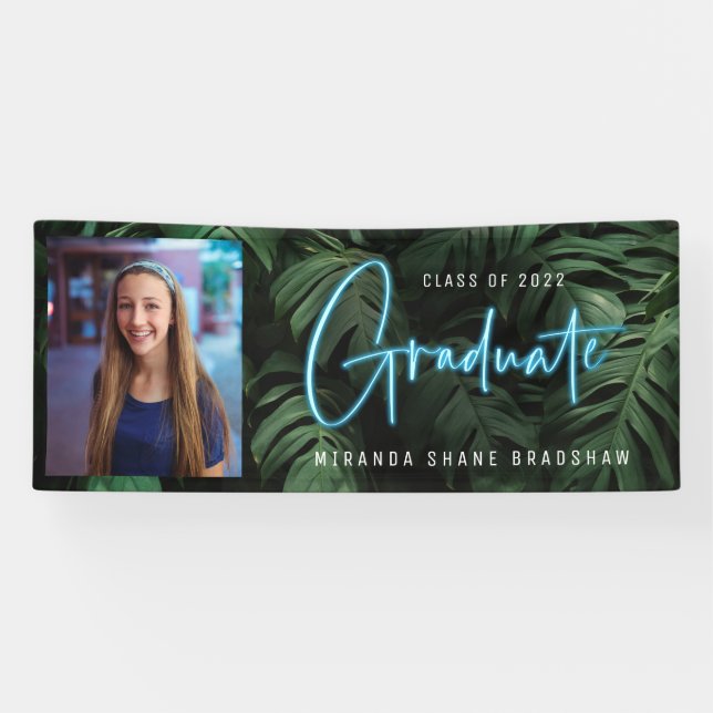 Neon Blue Graduate Tropical Leaves Photo Banner (Horizontal)