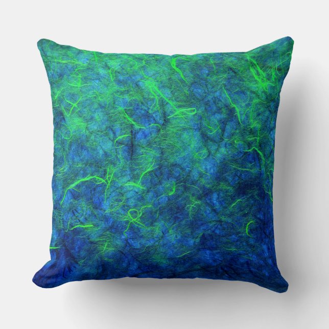 Neon blue green psychedelic Japanese rice paper Cushion (Front)