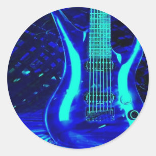Neon blue guitar classic round sticker
