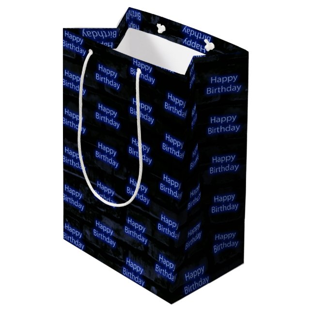 Neon Blue Happy Birthday On Brick Medium Gift Bag (Back Angled)