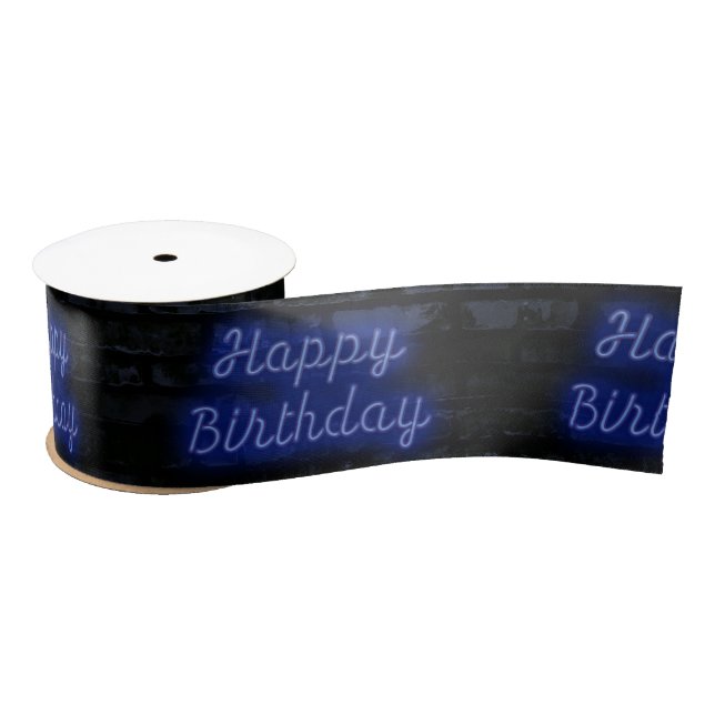 Neon Blue Happy Birthday On Brick Satin Ribbon (Spool)