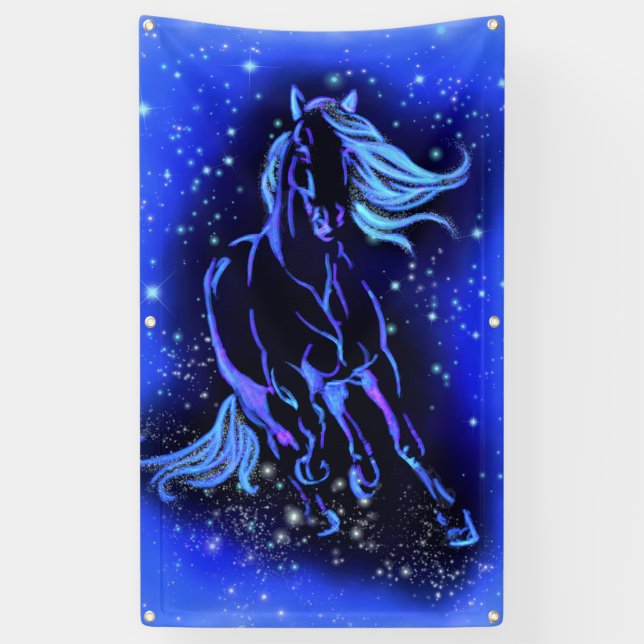 Neon Blue Horse Running At Moonlight Starry Night  Banner (Vertical)