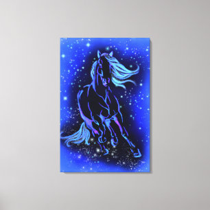 Neon Blue Horse Running At Moonlight Starry Night Canvas Print