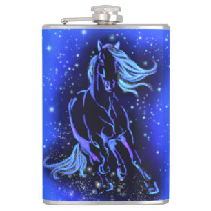 Neon Blue Horse Running At Moonlight Starry Night Hip Flask