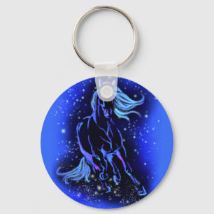Neon Blue Horse Running At Moonlight Starry Night Key Ring